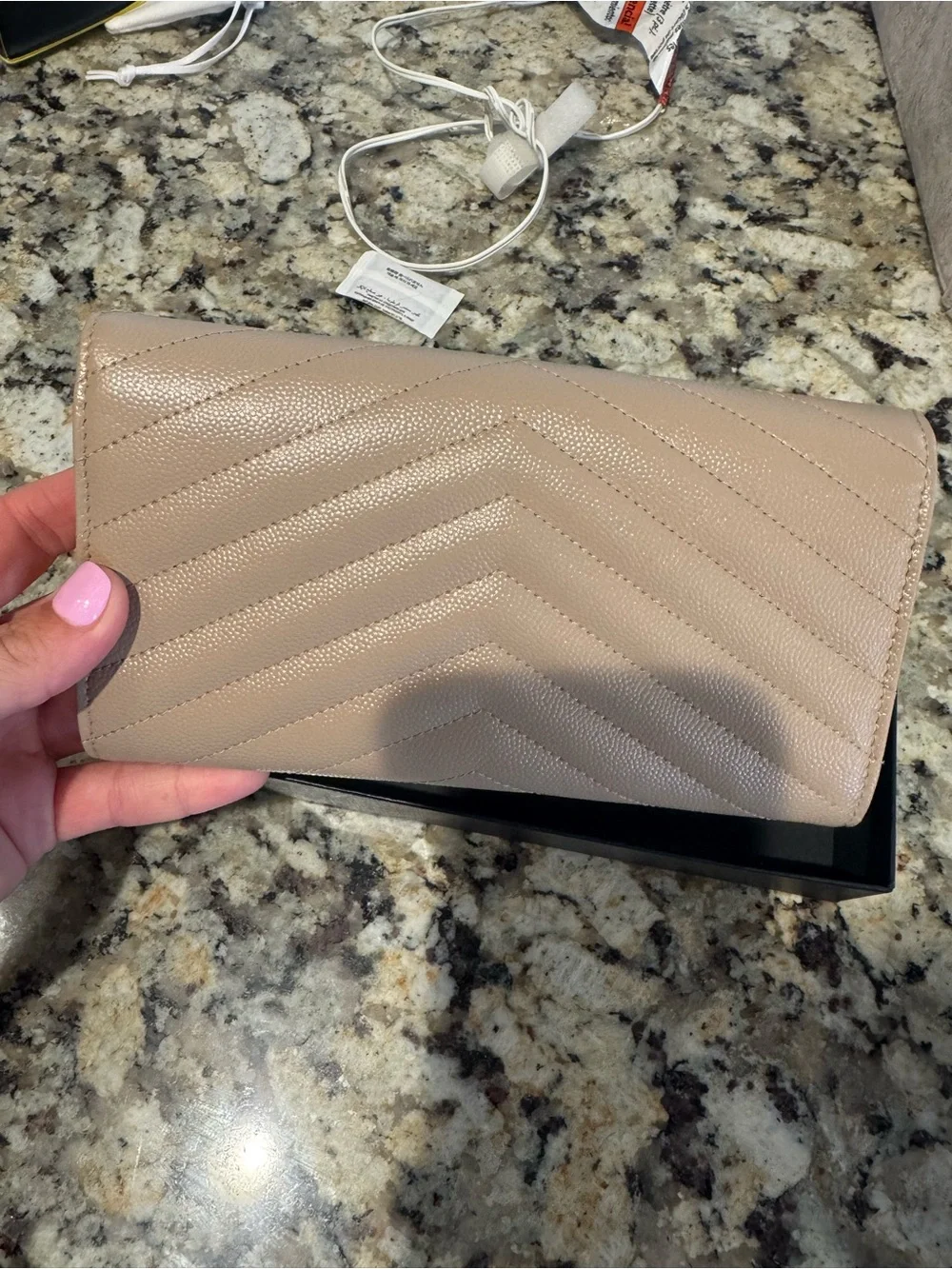 Saint Laurent Beige Quilted Leather Envelope Clutch with Gold YSL Monogram